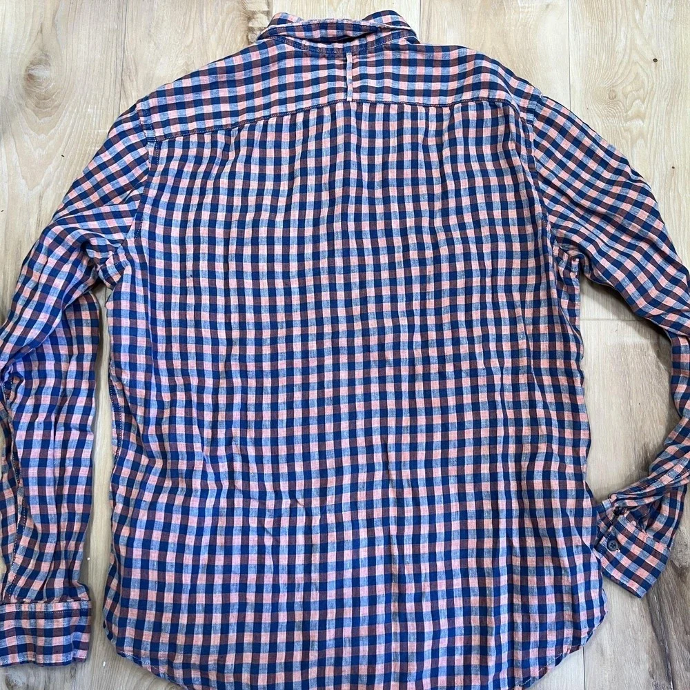 Banana Republic Shirt Mens‎ Large Blue Check Linen Camden Fit Long Sleeve